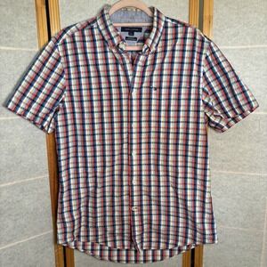 Tommy Hilfiger Slim Fit Button Up Shirt Men's Medium Plaid‎ Red Blue Gingham